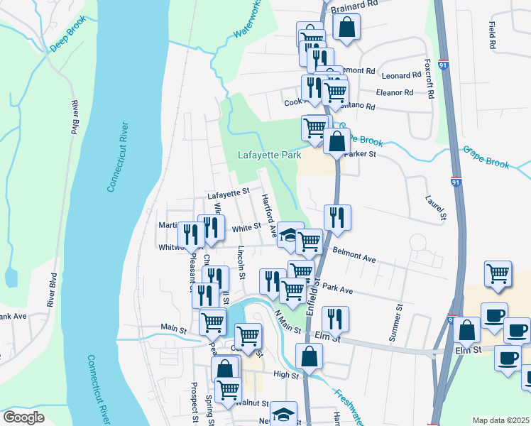 map of restaurants, bars, coffee shops, grocery stores, and more near 37 Hartford Avenue in Enfield