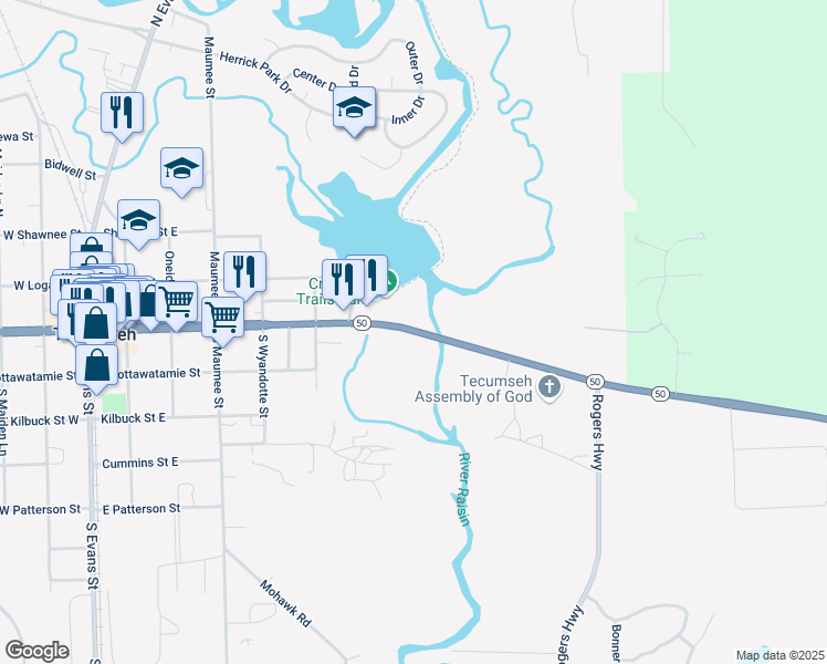 map of restaurants, bars, coffee shops, grocery stores, and more near 1086 East Chicago Boulevard in Tecumseh