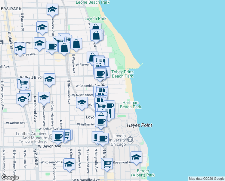 map of restaurants, bars, coffee shops, grocery stores, and more near 1141 West Columbia Avenue in Chicago