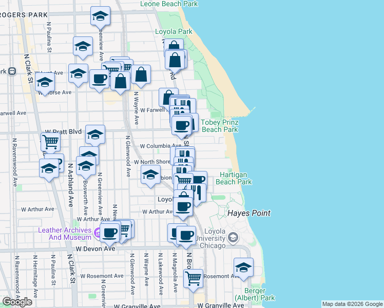 map of restaurants, bars, coffee shops, grocery stores, and more near 1141 West Columbia Avenue in Chicago