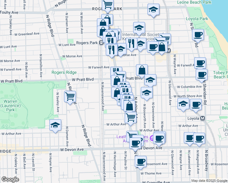 map of restaurants, bars, coffee shops, grocery stores, and more near 6761 North Clark Street in Chicago
