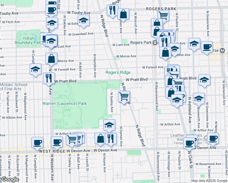 map of restaurants, bars, coffee shops, grocery stores, and more near 6801 North Seeley Avenue in Chicago