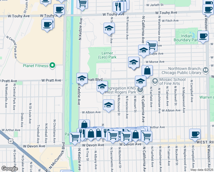 map of restaurants, bars, coffee shops, grocery stores, and more near 111 South Michigan Avenue in Chicago
