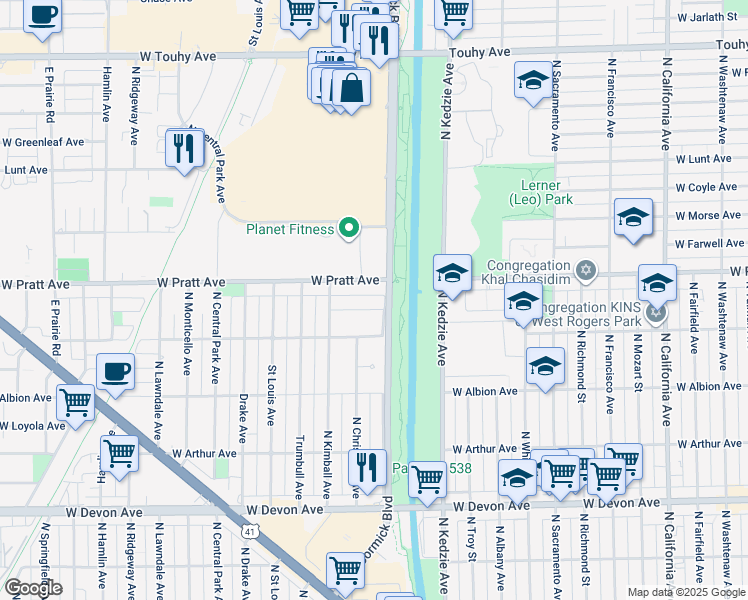map of restaurants, bars, coffee shops, grocery stores, and more near 3317 West Pratt Avenue in Lincolnwood