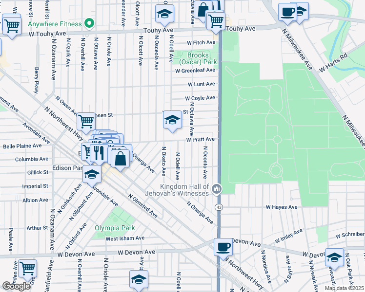 map of restaurants, bars, coffee shops, grocery stores, and more near 6757 North Odell Avenue in Chicago