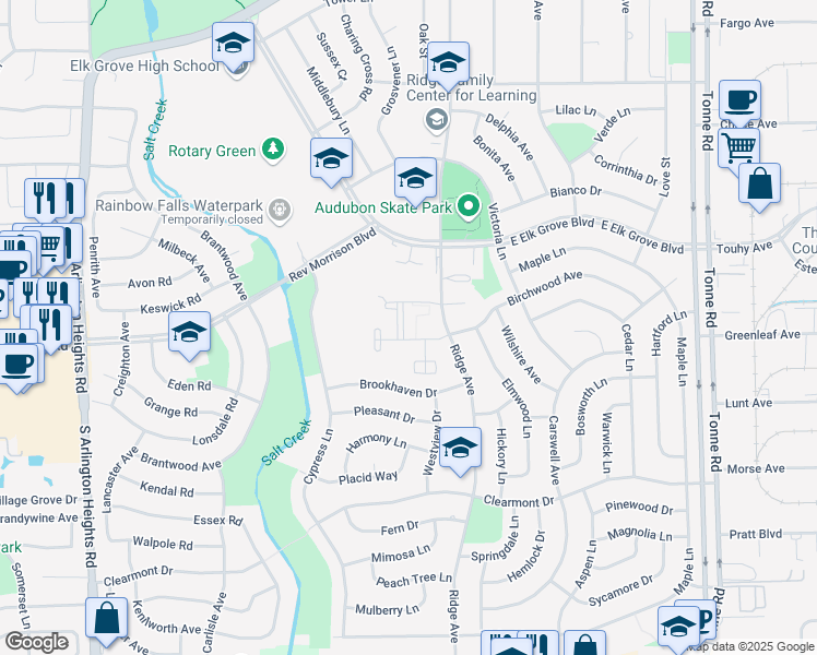 map of restaurants, bars, coffee shops, grocery stores, and more near 912 Ridge Square in Elk Grove Village