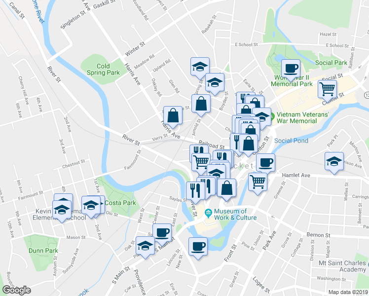 map of restaurants, bars, coffee shops, grocery stores, and more near 41 Bentley Street in Woonsocket
