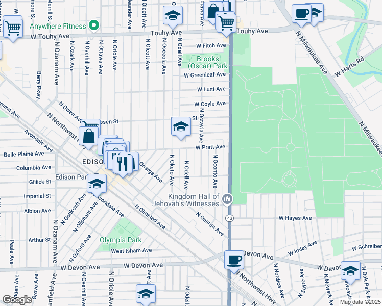 map of restaurants, bars, coffee shops, grocery stores, and more near 6757 North Odell Avenue in Chicago