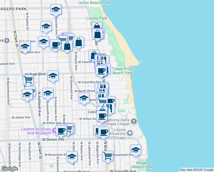 map of restaurants, bars, coffee shops, grocery stores, and more near 1141 West Columbia Avenue in Chicago
