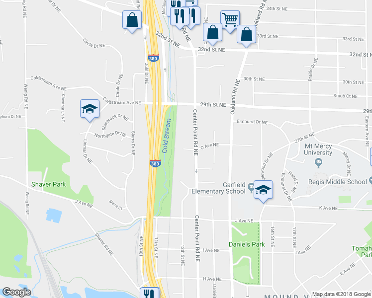 map of restaurants, bars, coffee shops, grocery stores, and more near 1224 O Avenue Place Northeast in Cedar Rapids