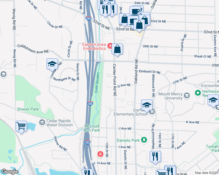 map of restaurants, bars, coffee shops, grocery stores, and more near 1232 O Avenue Place Northeast in Cedar Rapids