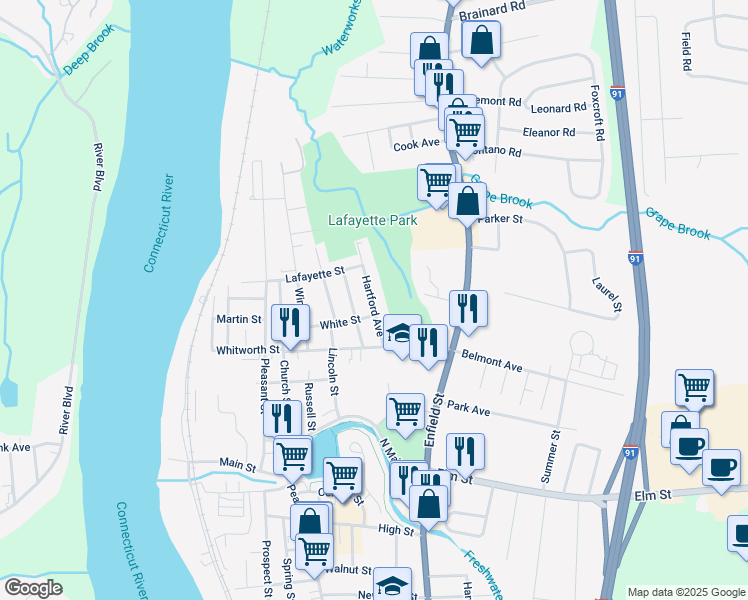 map of restaurants, bars, coffee shops, grocery stores, and more near 28 Hartford Avenue in Enfield