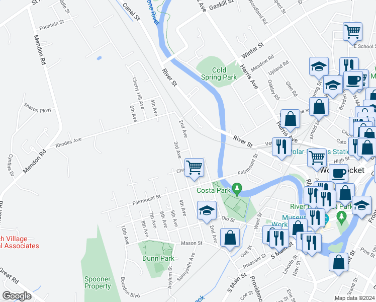 map of restaurants, bars, coffee shops, grocery stores, and more near 464 2nd Avenue in Woonsocket