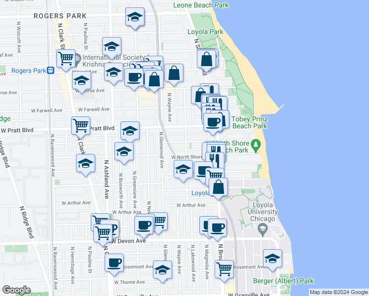 map of restaurants, bars, coffee shops, grocery stores, and more near 6718 North Lakewood Avenue in Chicago