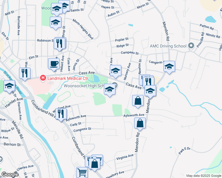 map of restaurants, bars, coffee shops, grocery stores, and more near 777 Cass Avenue in Woonsocket