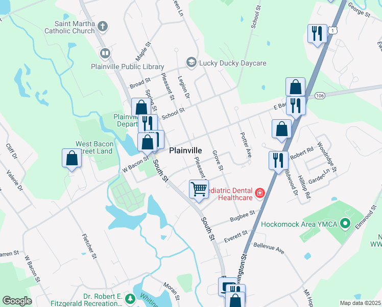 map of restaurants, bars, coffee shops, grocery stores, and more near in Plainville