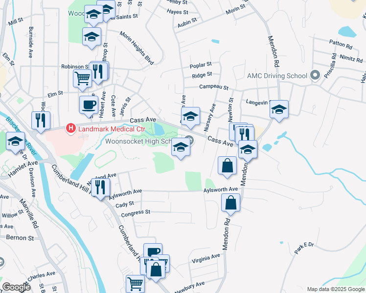 map of restaurants, bars, coffee shops, grocery stores, and more near 777 Cass Avenue in Woonsocket