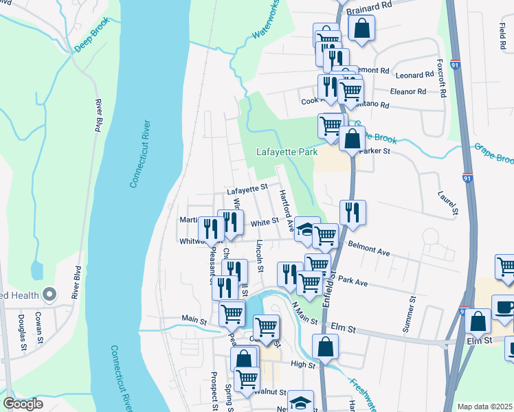 map of restaurants, bars, coffee shops, grocery stores, and more near 18 Union Street in Enfield