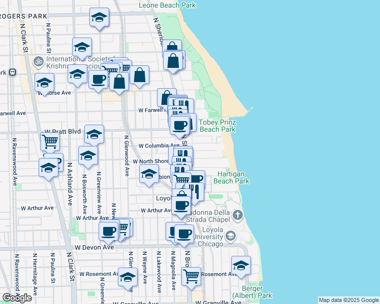 map of restaurants, bars, coffee shops, grocery stores, and more near 1141 West Columbia Avenue in Chicago