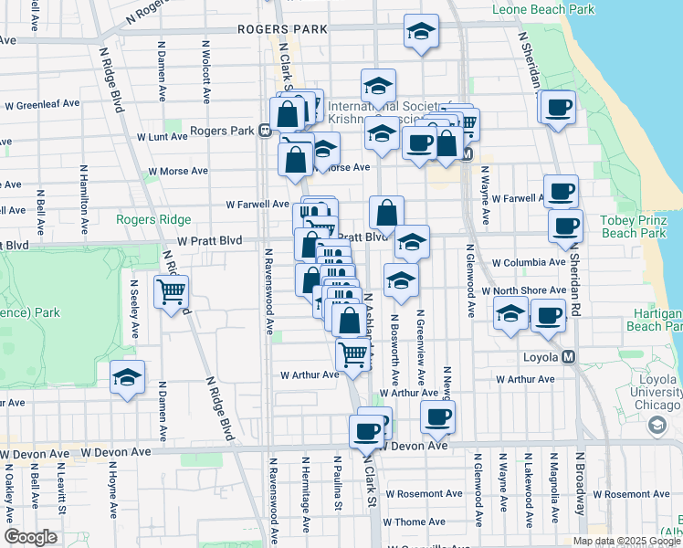map of restaurants, bars, coffee shops, grocery stores, and more near 1630 West Columbia Avenue in Chicago