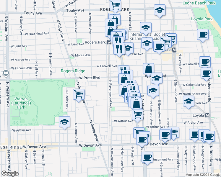 map of restaurants, bars, coffee shops, grocery stores, and more near 1756 West Columbia Avenue in Chicago