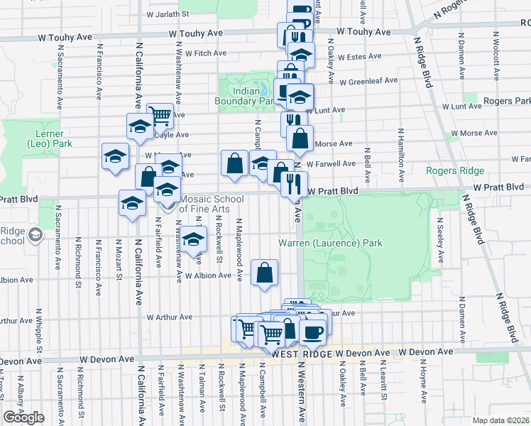 map of restaurants, bars, coffee shops, grocery stores, and more near 6744 North Artesian Avenue in Chicago