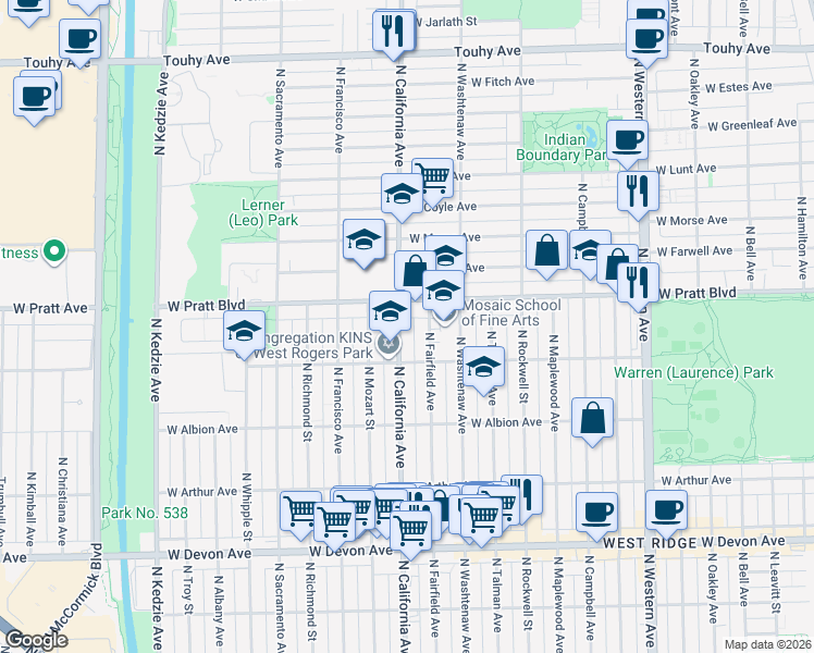 map of restaurants, bars, coffee shops, grocery stores, and more near 2743 West Pratt Boulevard in Chicago