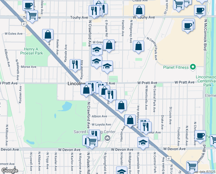 map of restaurants, bars, coffee shops, grocery stores, and more near 6758 East Prairie Road in Lincolnwood