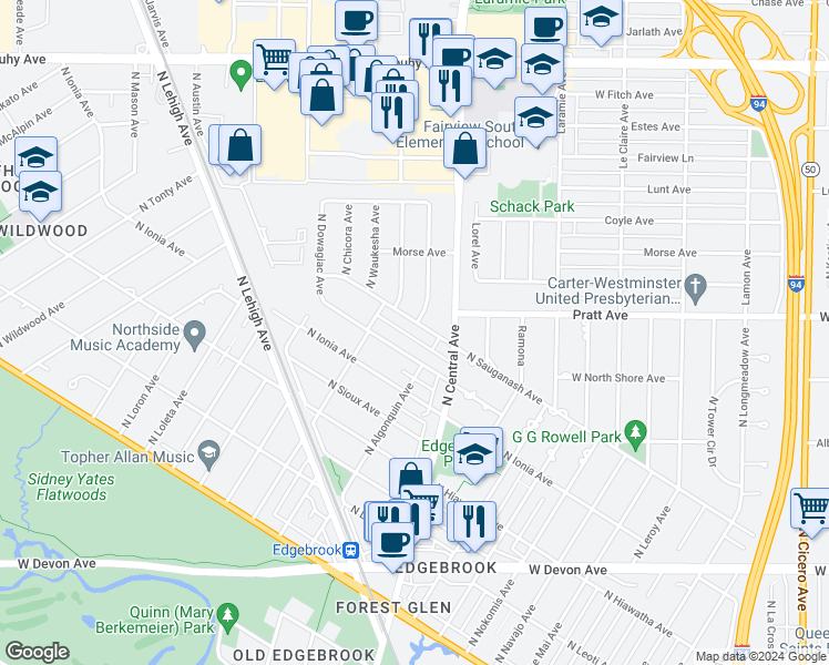 map of restaurants, bars, coffee shops, grocery stores, and more near 6800 North Algonquin Avenue in Chicago