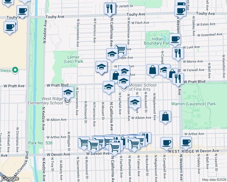 map of restaurants, bars, coffee shops, grocery stores, and more near 2743 West Pratt Boulevard in Chicago