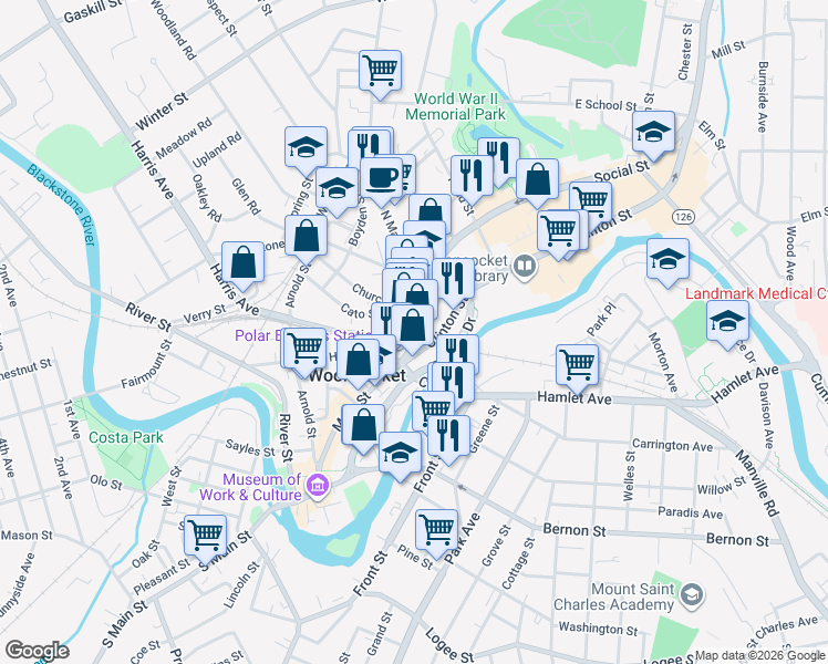 map of restaurants, bars, coffee shops, grocery stores, and more near 285 Main Street in Woonsocket
