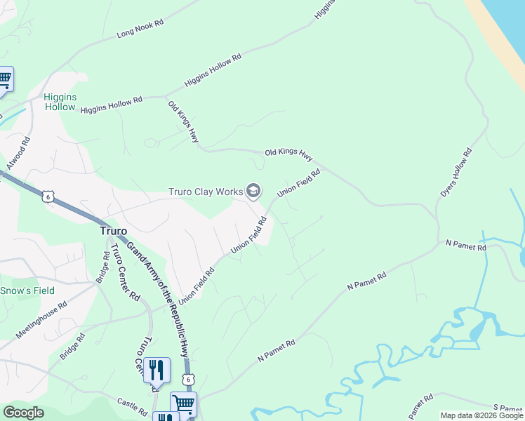 map of restaurants, bars, coffee shops, grocery stores, and more near 6 Union Field Road in Truro