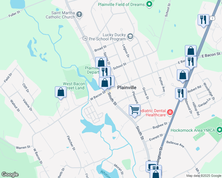 map of restaurants, bars, coffee shops, grocery stores, and more near 2 East Bacon Street in Plainville