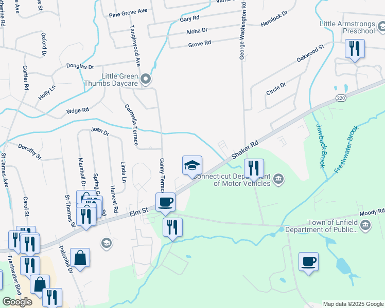 map of restaurants, bars, coffee shops, grocery stores, and more near 27 Shaker Road in Enfield