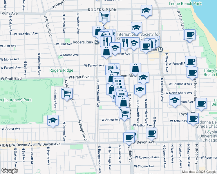 map of restaurants, bars, coffee shops, grocery stores, and more near 6719 North Hermitage Avenue in Chicago