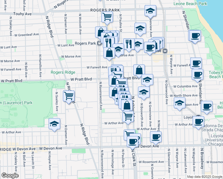 map of restaurants, bars, coffee shops, grocery stores, and more near 6731 North Hermitage Avenue in Chicago