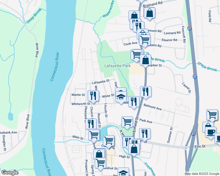 map of restaurants, bars, coffee shops, grocery stores, and more near 29 Bigelow Avenue in Enfield