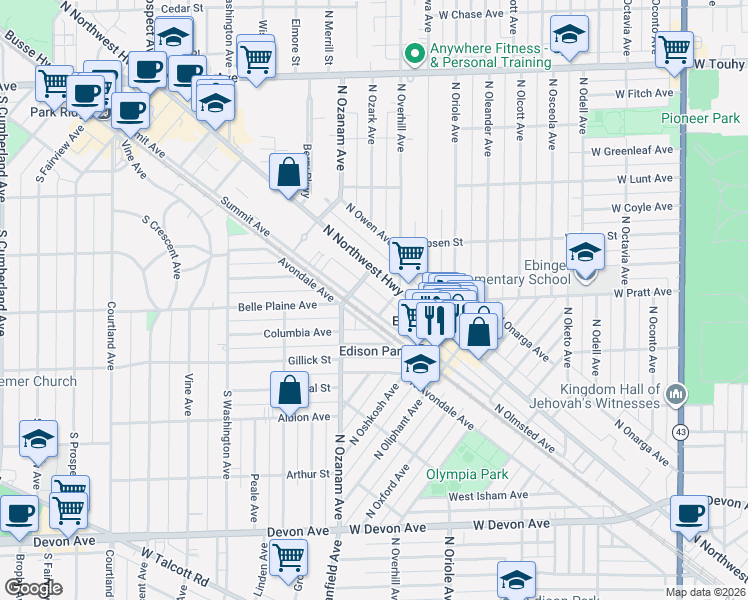 map of restaurants, bars, coffee shops, grocery stores, and more near 6811 North Ozark Avenue in Chicago