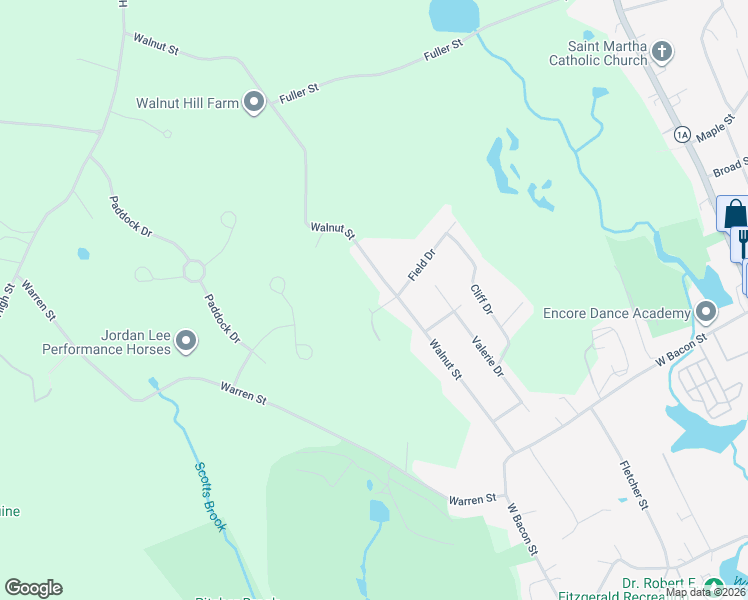 map of restaurants, bars, coffee shops, grocery stores, and more near 40 Walnut Street in Plainville