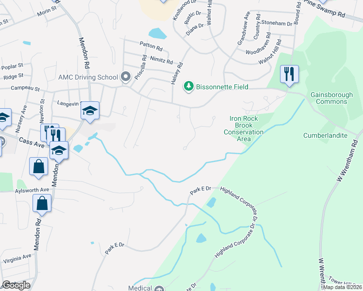 map of restaurants, bars, coffee shops, grocery stores, and more near 203 Tara Lane in Woonsocket