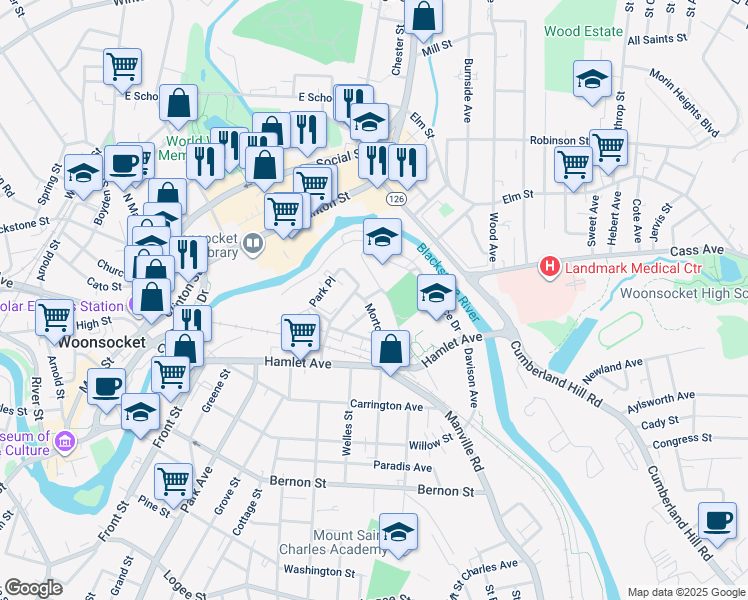 map of restaurants, bars, coffee shops, grocery stores, and more near 218 Park Place in Woonsocket
