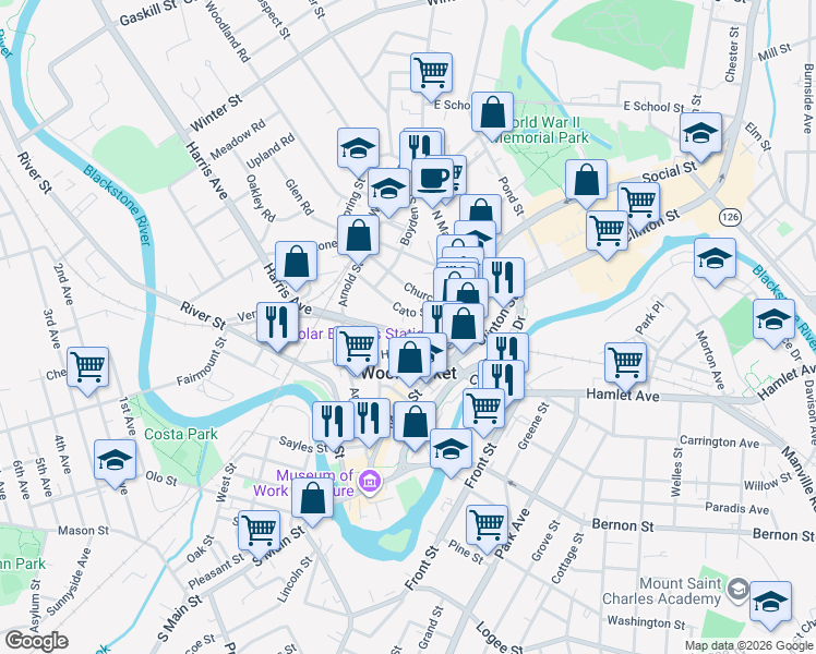 map of restaurants, bars, coffee shops, grocery stores, and more near 134 Cato Street in Woonsocket