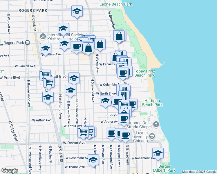 map of restaurants, bars, coffee shops, grocery stores, and more near 1258 West Columbia Avenue in Chicago