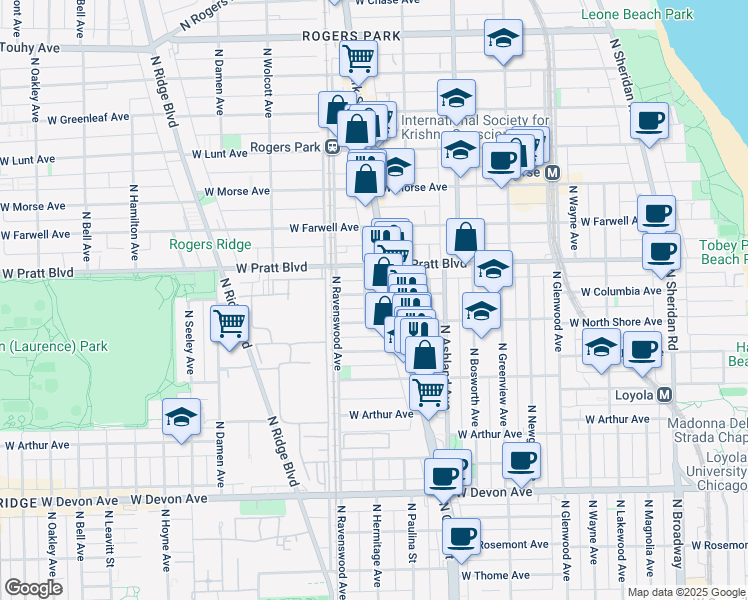 map of restaurants, bars, coffee shops, grocery stores, and more near 6731 North Hermitage Avenue in Chicago