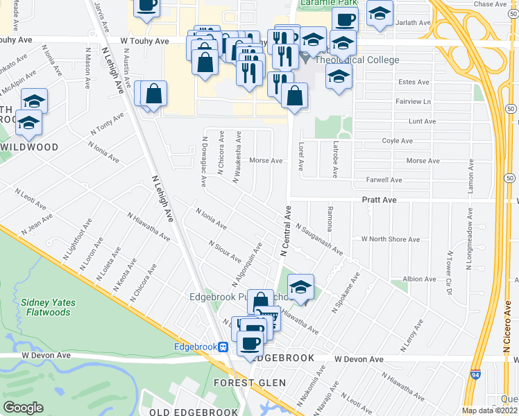 map of restaurants, bars, coffee shops, grocery stores, and more near 6800 North Algonquin Avenue in Chicago