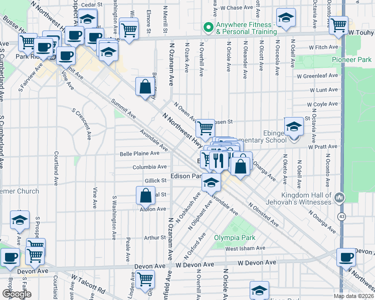 map of restaurants, bars, coffee shops, grocery stores, and more near 6811 North Ozark Avenue in Chicago