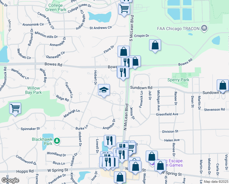 map of restaurants, bars, coffee shops, grocery stores, and more near 679 Fieldcrest Drive in South Elgin