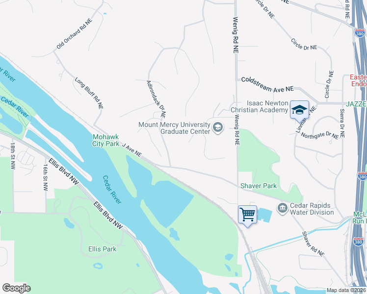 map of restaurants, bars, coffee shops, grocery stores, and more near 1514 Matterhorn Drive Northeast in Cedar Rapids