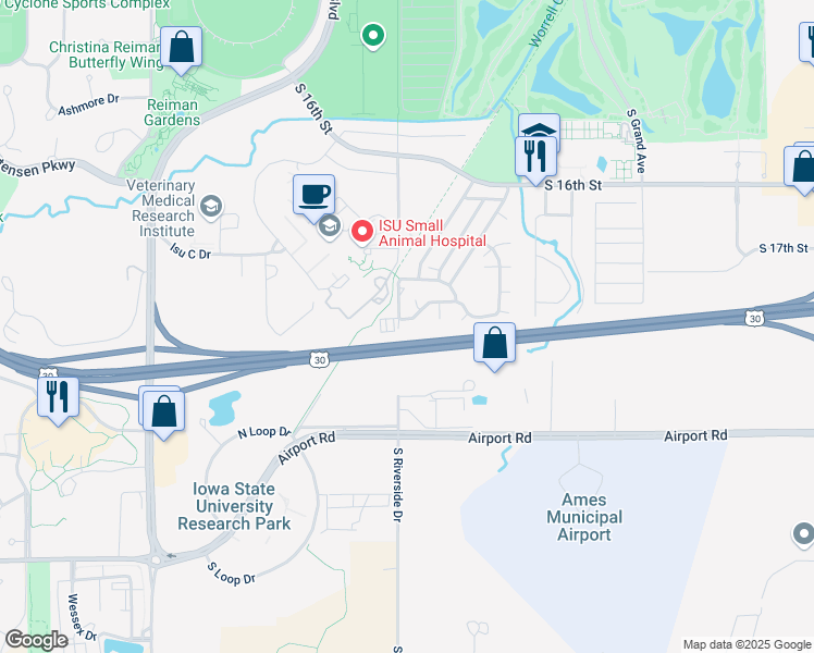 map of restaurants, bars, coffee shops, grocery stores, and more near 314 Strawberry Lane in Ames