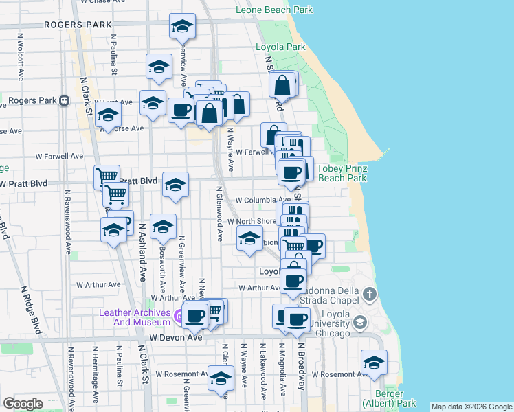 map of restaurants, bars, coffee shops, grocery stores, and more near 1258 West Columbia Avenue in Chicago